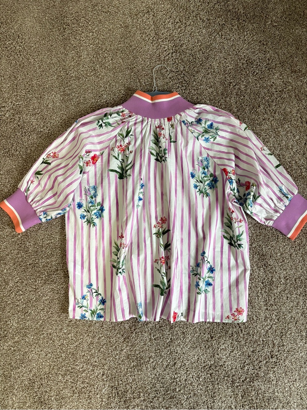 Floral Pink-Striped Pullover Blouse with Purple Trim - Picture 2 of 3